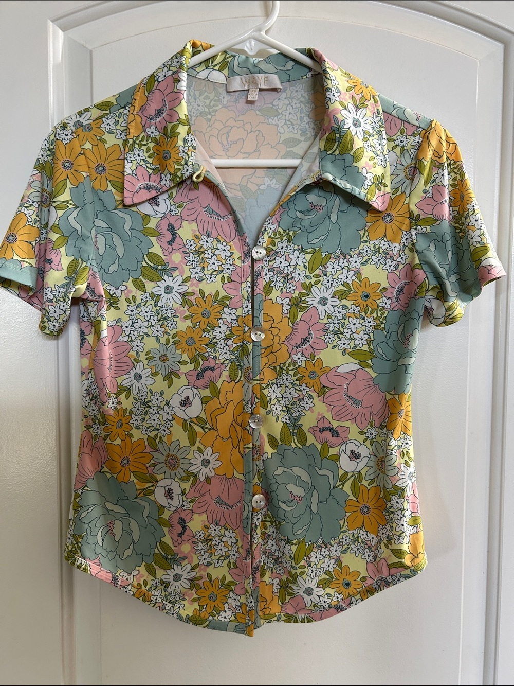 Wayf Floral Button-Down Shirt in Pastel Yellow, Pink & Sage